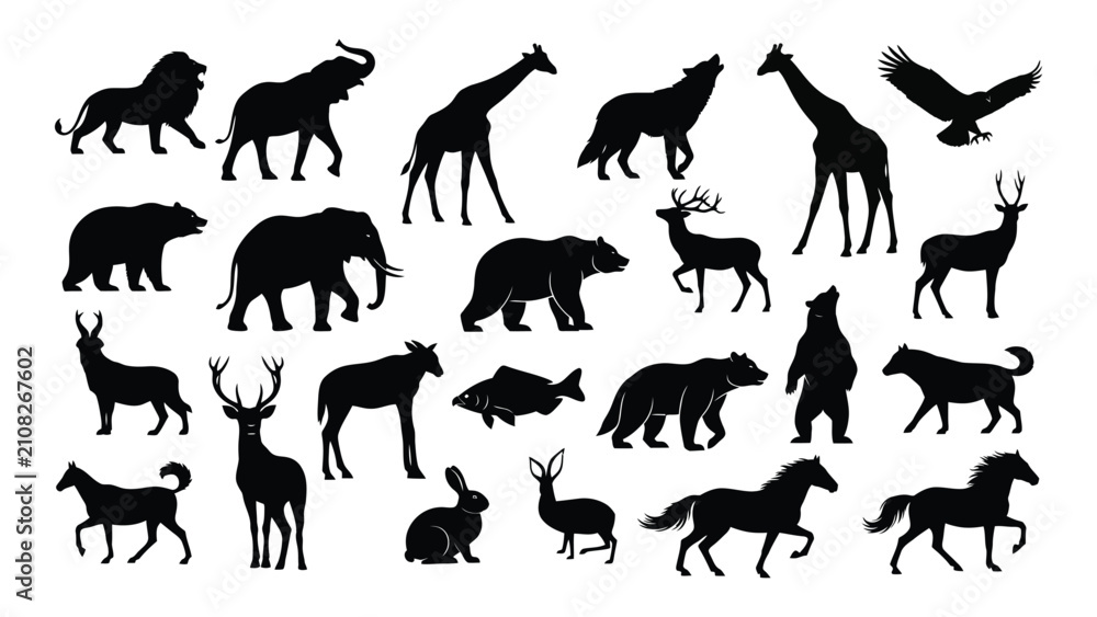 Fototapeta premium Black silhouettes of various wild animals