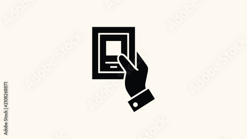Canvastavla Hand holding document icon, black silhouette of human arm holding up a paper with content, for concept of presentation or contract
