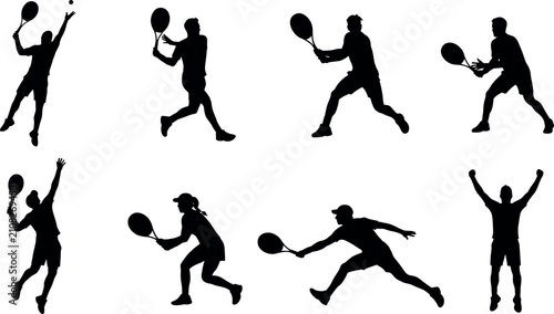 Fotografie Set of professional tennis player silhouettes performing diverse match actions i