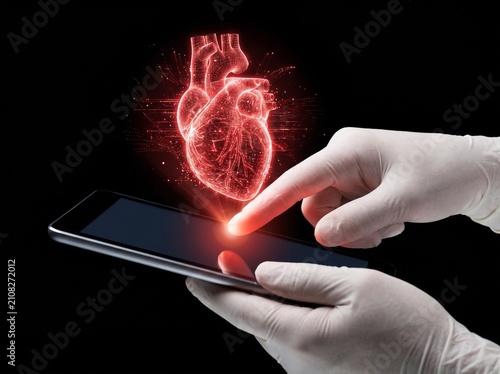 Doctor analyzing glowing 3D heart on digital tablet. Medical professional examining holographic cardiovascular anatomy for diagnostics.
