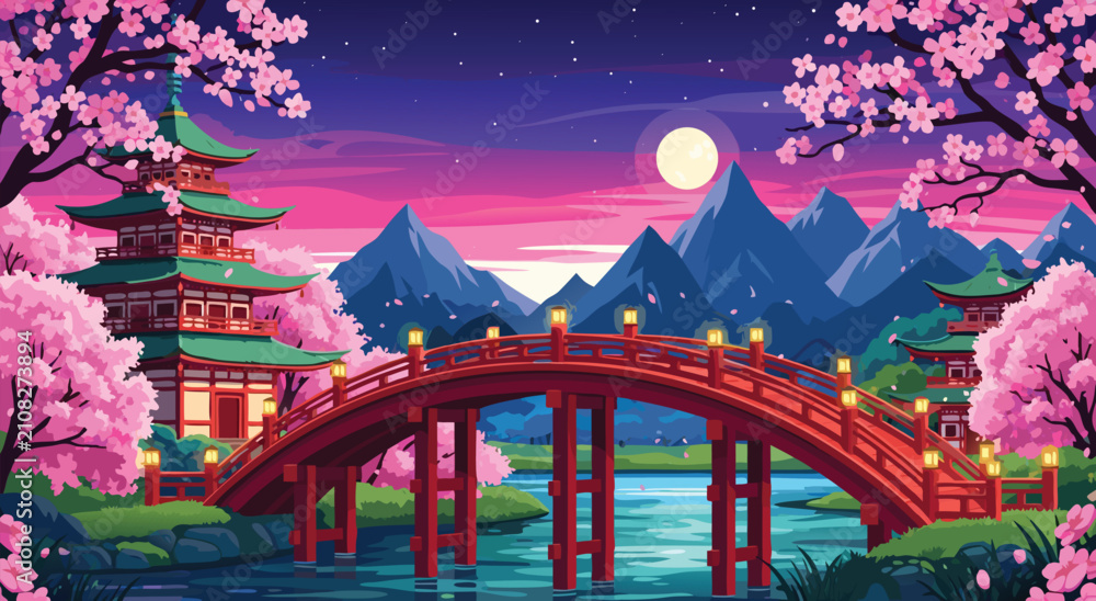 Obraz premium Nighttime pixel art illustration design of a Japanese pagoda and red bridge with cherry blossoms and mountains under a full moon.