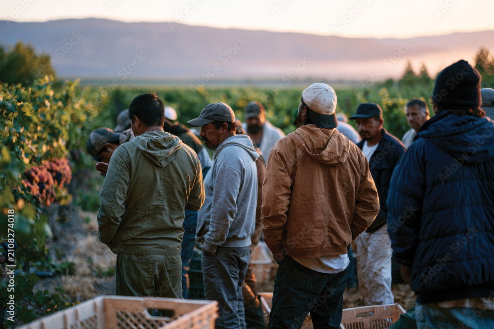 Obraz premium A group of men stand in a vineyard discussing as the sun sets, capturing the spirit of collaboration and the essence of agricultural life in a picturesque environment.