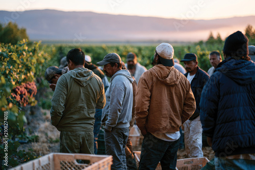 A group of men stand in a vineyard discussing as the sun sets, capturing the spirit of collaboration and the essence of agricultural life in a picturesque environment.