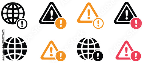 Obraz na płótnie Internet warning icons representing global network alerts world errors globe exclamation mark and attention signs for digital security, vector design