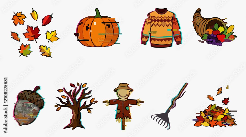 Fototapeta premium Autumn Season Vector Icon Sheet with Fall Leaves, Pumpkin, Sweater, Cornucopia, Acorn, Bare Tree, Scarecrow, Rake, and Leaf Pile, Graphic Resources Set