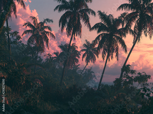 Tropical island landscape with palm trees at sunset, vibrant pink and orange sky over a lush jungle coastline, serene coastal scenery with exotic vegetation and calm ocean horizon