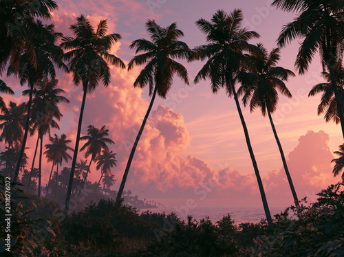 Breathtaking tropical sunset with silhouette of palm trees against a soft pink and orange cloudy sky over the ocean, creating a serene and exotic island atmosphere