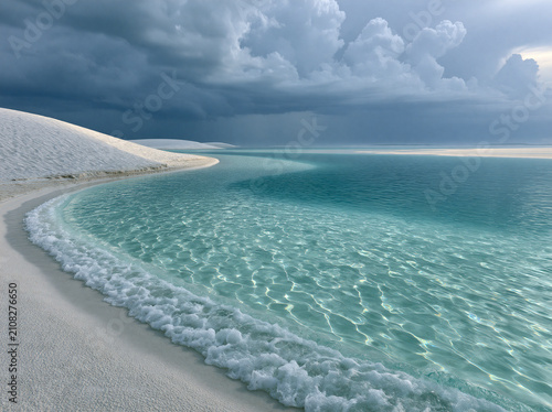 Stunning landscape of lenis maranhenses national park in brazil with white sand dunes and crystal clear turquoise rainwater lagoons under a dramatic stormy sky