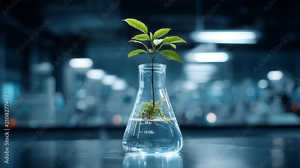 Obraz premium A modern science image showing a plant growing inside a lab flask