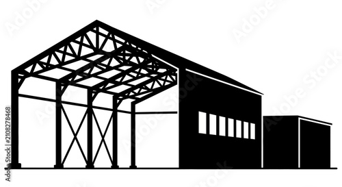 Industrial building with open canopy structure black and white silhouette structure factory warehouse shelter roof architecture exterior