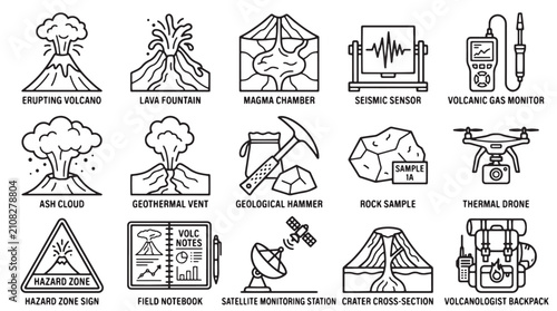 Fotografie Volcanology and geology icon set, 15 black line vector icons of volcanic eruptio