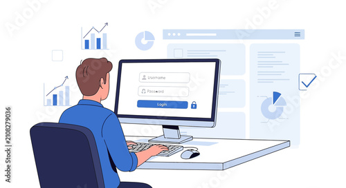 Digital Security: Man logging into computer with secure password entry