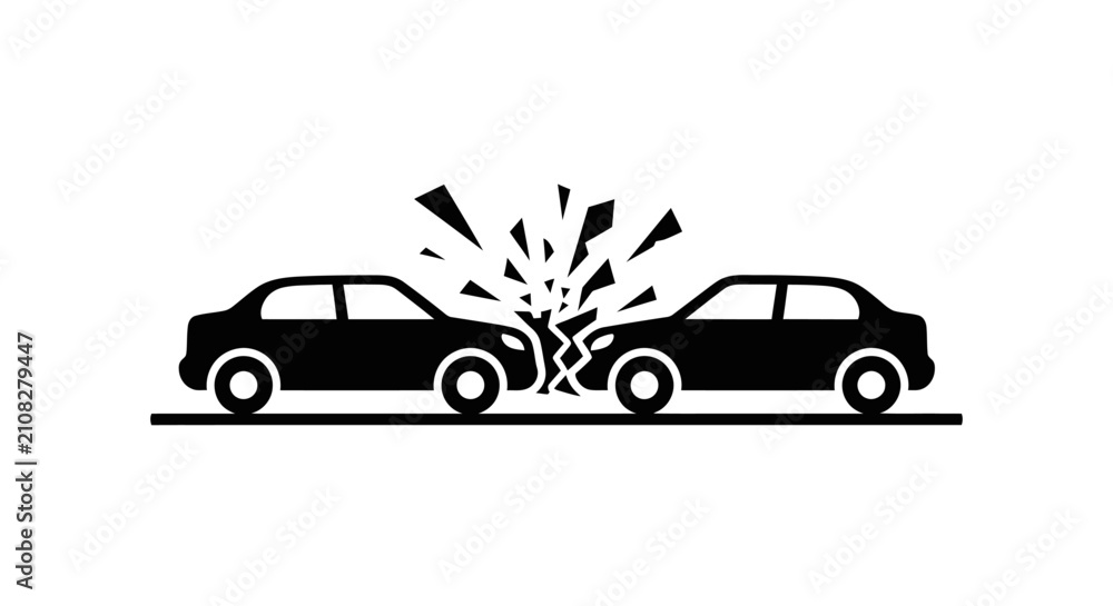 Fototapeta premium Two sedan cars colliding with shattered glass a black silhouette illustration accident collision crash automotive vehicles transportation