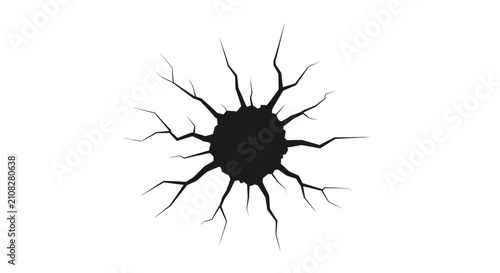 Foto Cracked surface with radiating fractures a dark silhouette against a white backg