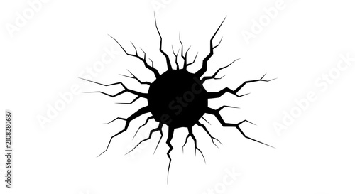 Canvastavla Cracked surface with radiating fissures a dark silhouette against a white backgr