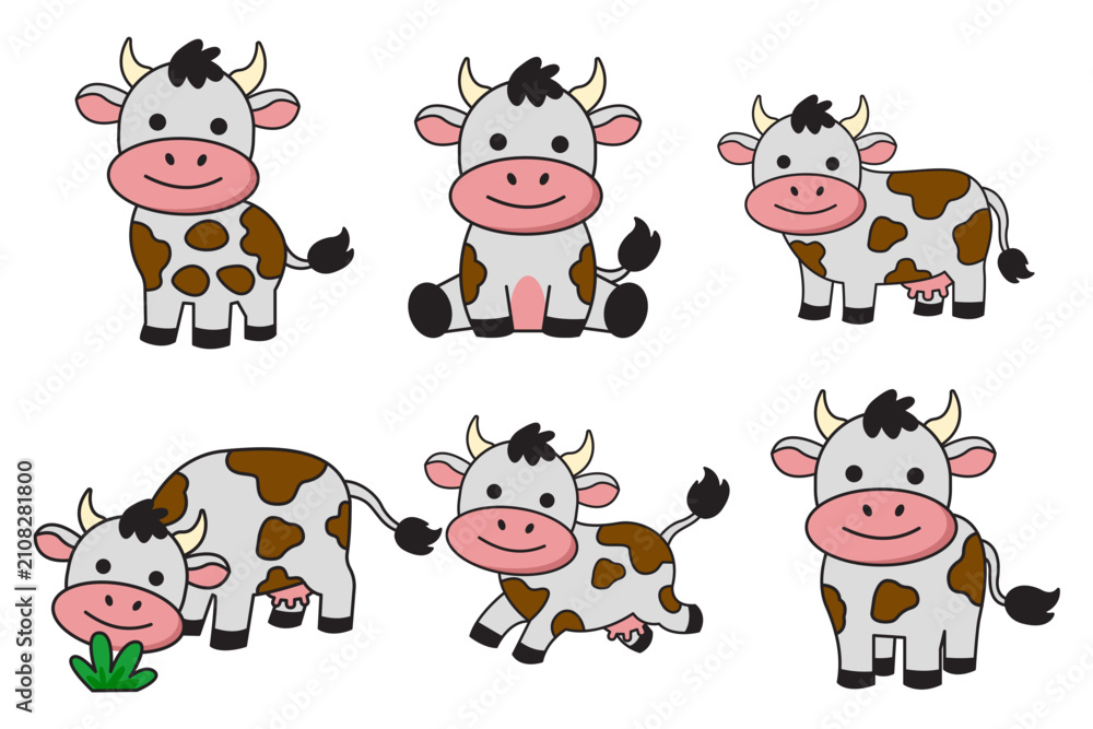 Fototapeta premium Collection of cute cow illustrations in playful poses including sitting, standing, walking, running, and grazing, vector illustration