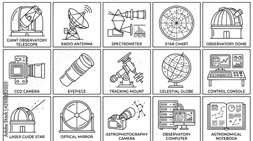 Fotografie Astronomy observatory equipment icons set, 15 thin line vector illustrations of