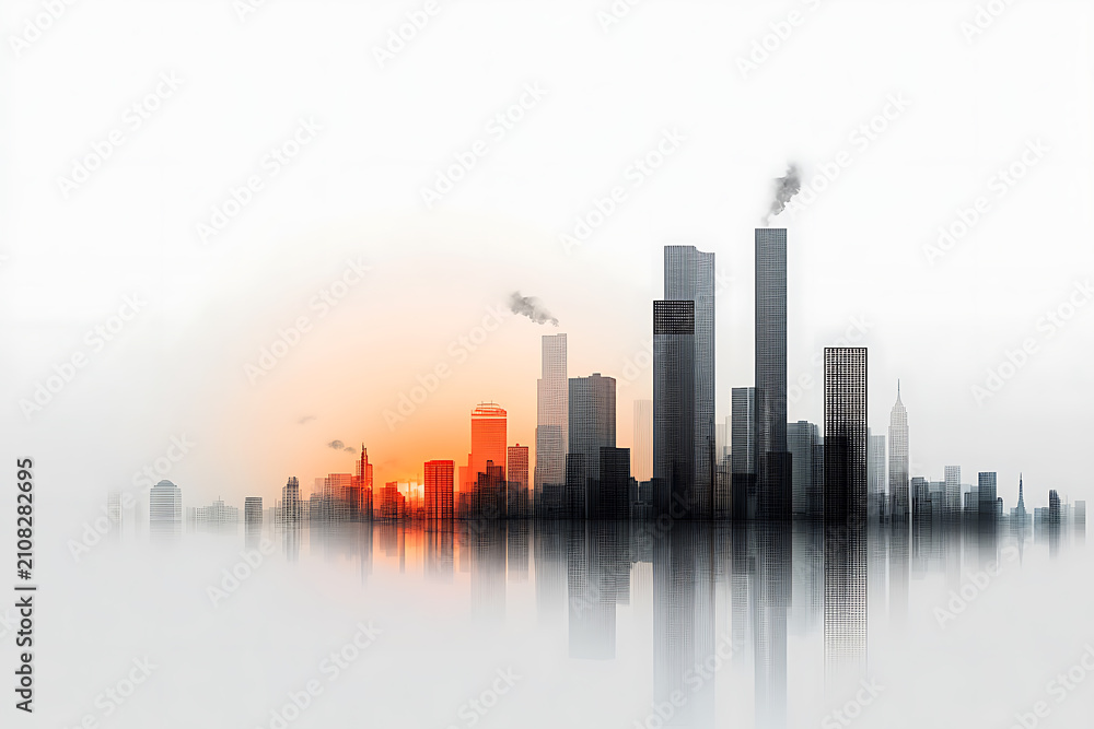 Obraz premium Minimalist city skyline with industrial elements at sunrise over water