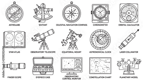 Canvastavla Vintage astronomy equipment icons set, 15 celestial navigation and observatory t