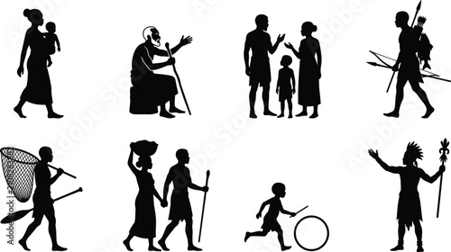 Black vector silhouettes of indigenous African tribal people depicting daily village life and traditional culture