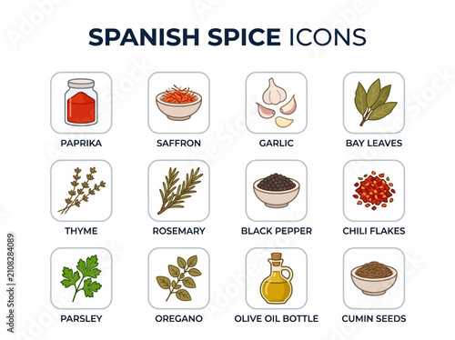 A grid of twelve illustrated icons depicting Spanish spices herbs and oils each labeled with its name