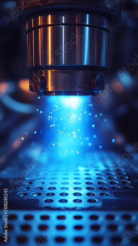 Industrial laser welder emits a bright blue light while precision bonding metal sheets on an assembly line.