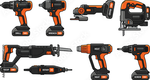 Cordless power tools set for construction and DIY work isolated on white background