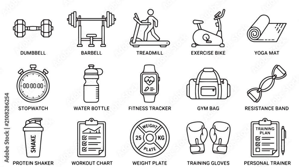 Fototapeta premium Fitness and Gym Equipment Icon Set, 15 Black Line Vector Icons for Workout and Bodybuilding, Minimalist Exercise Gear Graphics