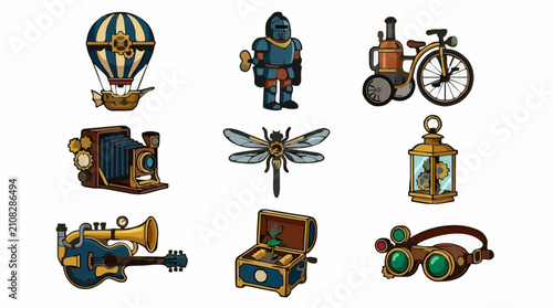 Konstfotografi Steampunk Vector Icon Set with Hot Air Balloon, Wind-Up Knight, Camera, Dragonfl