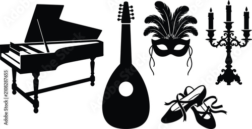фотографія Set of black silhouettes showcasing a grand piano, lute instrument, feathered ma