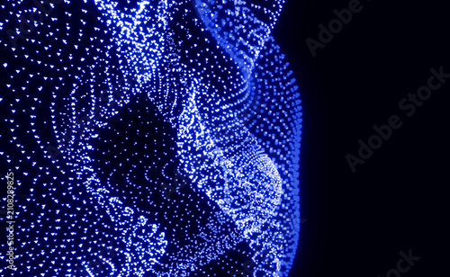 Colorful particle mesh wave abstract background. Vibrant digital particle grid ocean texture.