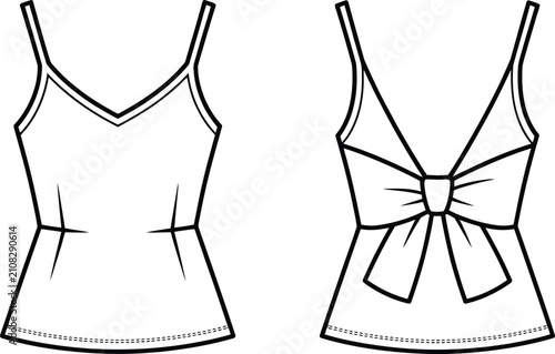 Obraz na plátne Women's spaghetti strap camisole top with bow back technical fashion sketch vect