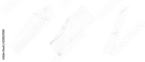 Three adhesive tape pieces with folds and creases isolated on transparent background.