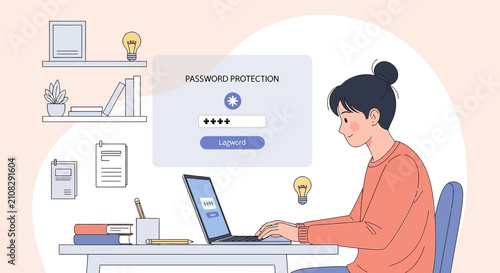 Cybersecurity concept: Woman logging into secured account with password protection