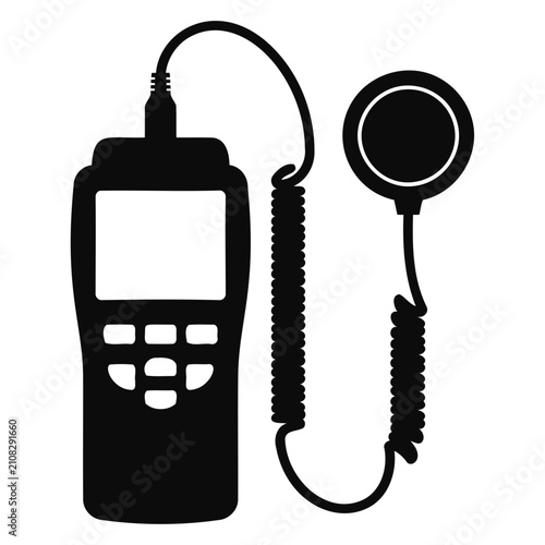 Silhouette of a handheld digital measuring device with a circular sensor probe and coiled cable