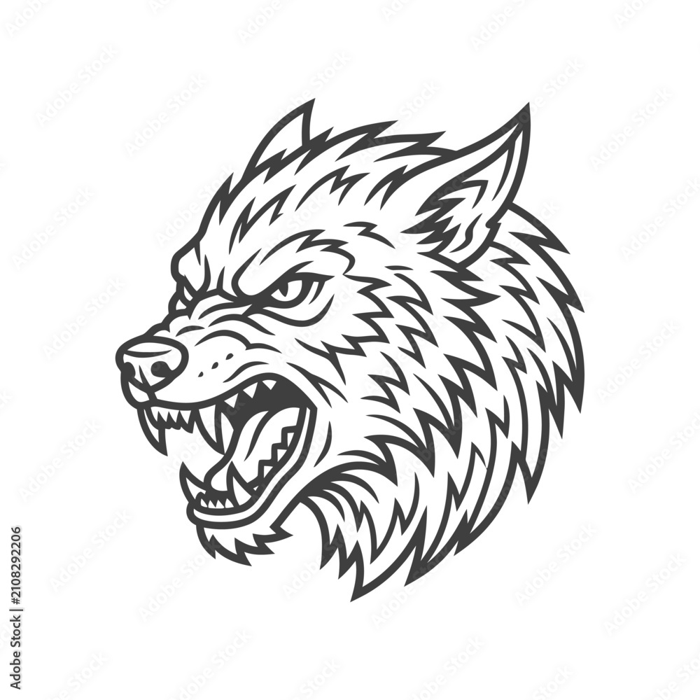 Fototapeta premium Aggressive snarling werewolf head mascot in profile.