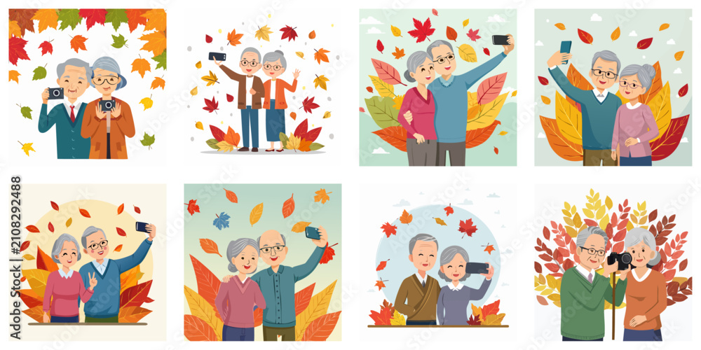 Fototapeta premium 秋の紅葉散歩や旅行を楽しむシニア夫婦のベクターアイコンセット 