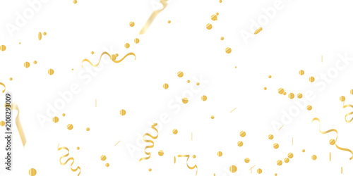Metallic gold confetti and elegant curling streamers cascading softly across a white background, perfect for luxury celebration concepts