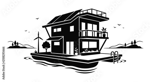 Photos Floating House Silhouette With Landscape And Wind Turbine Black And White