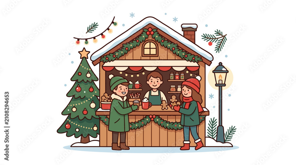 Fototapeta premium Cute Christmas Market Stall Vector Illustration