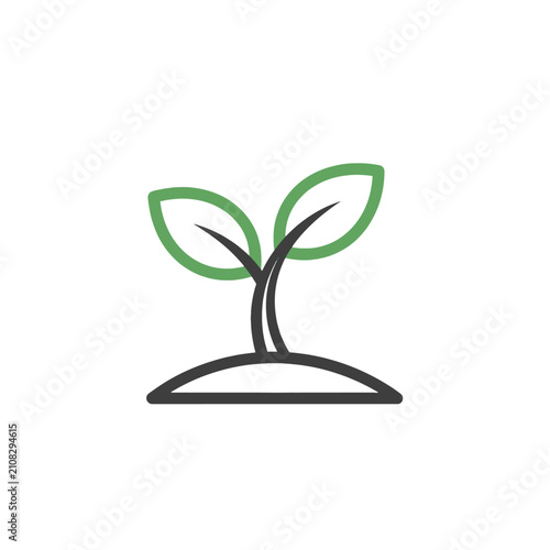 A simple line art icon of a small green plant sprout growing from the soil