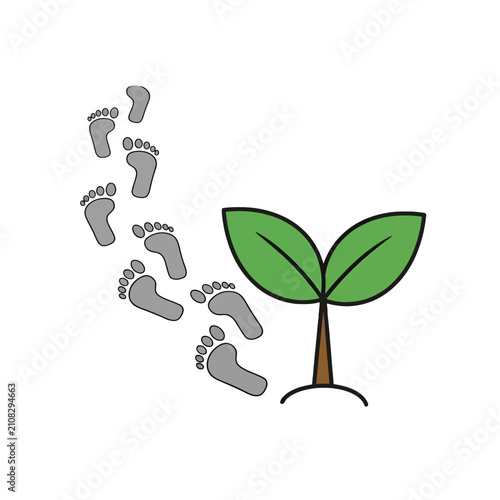 A small green plant growing next to a trail of human footprints on white background