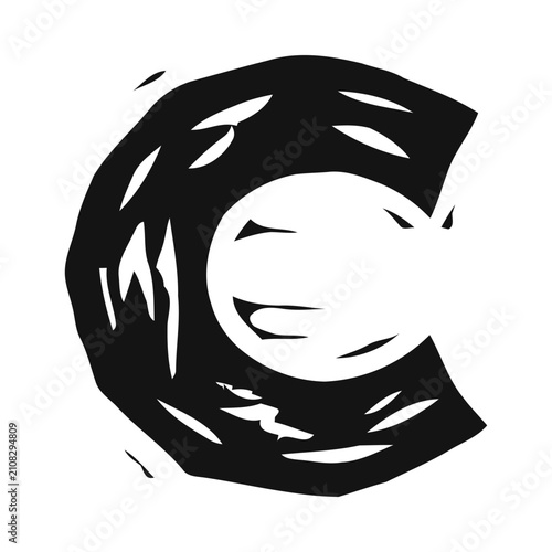 Hand Drawn Linocut Letter C Graphic Element in Black and White