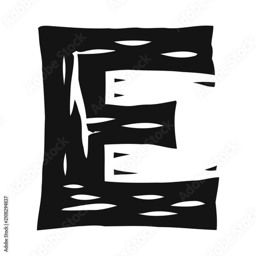 Handcrafted Linocut Letter E in Bold Black and White Style