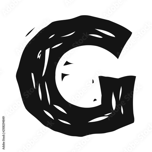 Hand drawn stylized letter G with woodcut texture on white