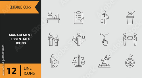 Management Essentials Icons Outline Fundamental Line Art Symbols for Executive Leadership Business Strategy and Coordination
