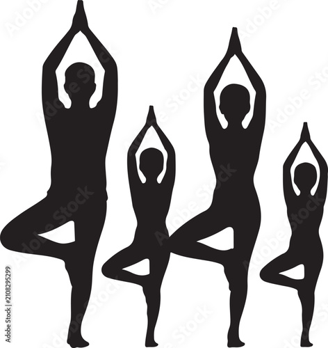 Silhouette of a family practicing yoga together, standing in tree pose