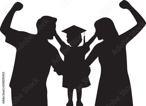 Silhouette of a happy family with a child wearing a graduation cap, parents celebrating their childs academic achievement, joyful family moment, success and education concept