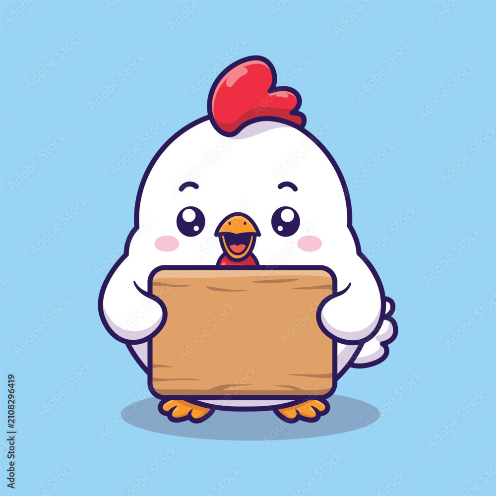 Fototapeta premium Cute White Chicken Holding Blank Sign Cartoon Vector Illustration