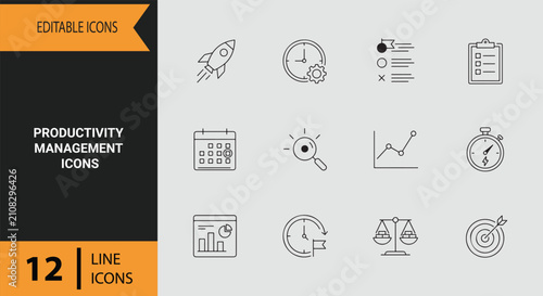Productivity Management Icons Outline Minimal Stroke Symbols for Task Efficiency Time Tracking and Workflow Output